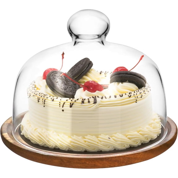 Glass Dome Cloche with Acacia Tray - 7" Cover for Cakes, Cheese & Table Display