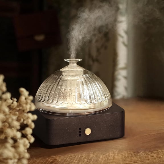 Glass Dome Essential Oil Diffuser with Glass Reservoir & Wood Base-Plastic Free, Ultrasonic Diffuser for Aromatherapy with Timer  Color Light Auto-Off for Home Office Yoga.