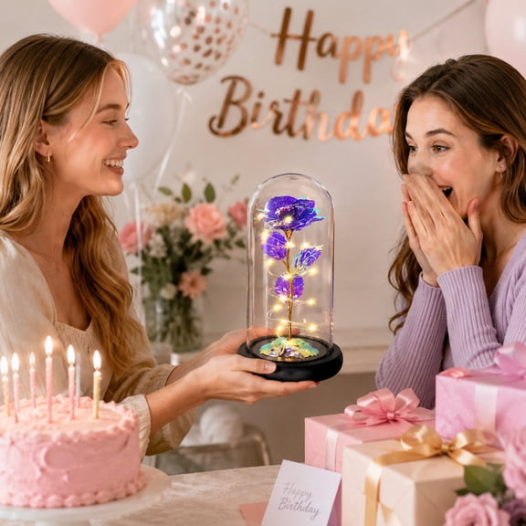 Glass Dome Gold Foil Rose LED Light Romantic Home Decor Shelf Tabletop Gift