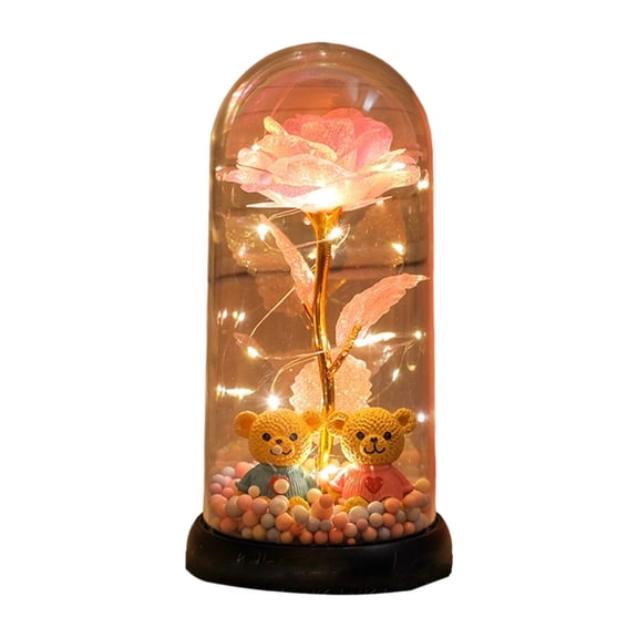 Glass Dome LED Rose and Bears Night Light, Battery Powered Preserved Flower Lamp with Two Little Bears, Romantic Gift for Women Wife and Grandma on Valentine's Day Birthday and Christmas