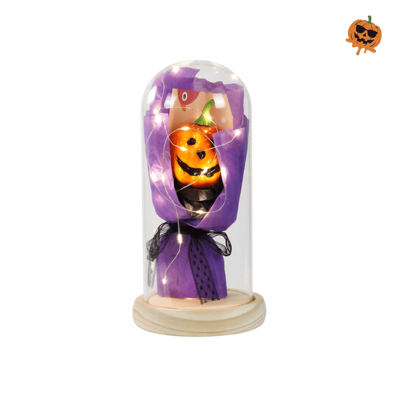 Glass Dome Lighted Jack-O-Lantern Bouquet Decor, Cute Halloween Decoration Lamp, Ambient Summerween Decor, Holiday Summerween Table Decoration, Reusable Decorations & Gifts-C