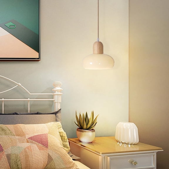 Glass Dome Pendant Light Cream Glass Hanging Ceiling Lamp Kitchen Island Pendant Lighting, Modern Wood Suspended Lights for Dining Table Bedroom Living Room Restaurant 7.87 Pendant Lamps