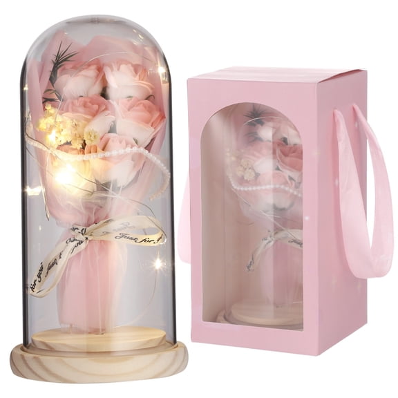 Glass Dome Rose With LED Lights, 8.3 In Artificial Bloom Gift, Forever Enchanted Flower Present For Her, Ready-To-Gift Boxed Valentine's Day Birthday