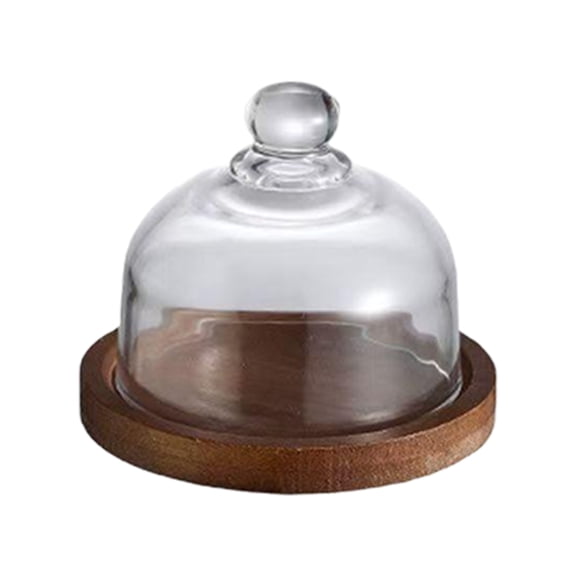 Glass Dome with Wooden Base for Food Display Cheese Serving Platter Dessert Stand with Clear Cover for Kitchen Tabletop Use