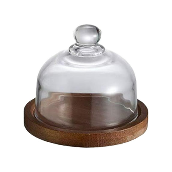 Glass Dome with Wooden Base for Food Display Cheese Serving Platter Dessert Stand with Clear Cover for Kitchen Tabletop Use