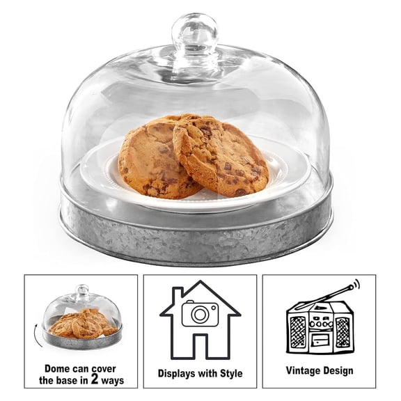 Glass Domed Serving Plate for Confectionery and Baked Goods - Galvanized Galvanized, Bronze