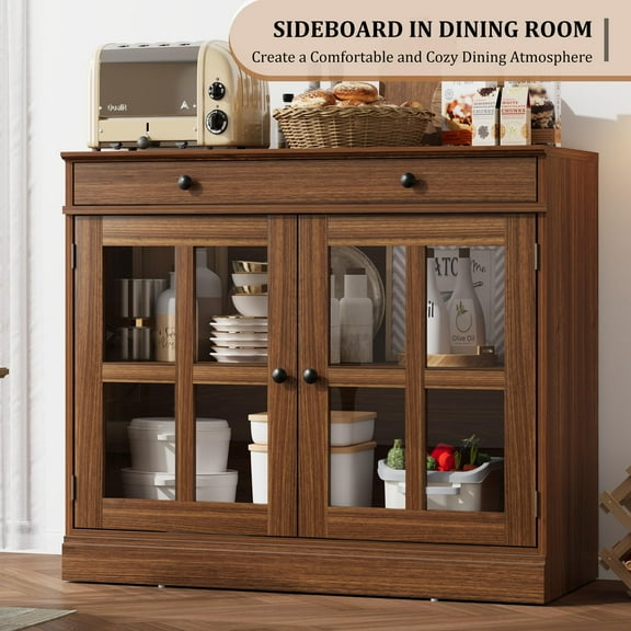 Glass Door Buffet Sideboard with Adjustable Shelf & Drawer – Modern Accent Storage Cabinet for Dining Room, Kitchen, Entryway, walnut color