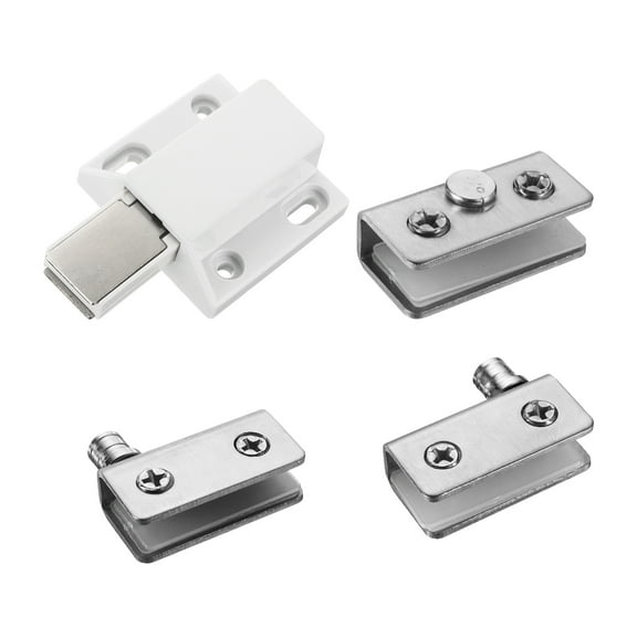 Glass Door Hinge, 1 Set - Stainless Steel Magnetic Catch Latches and Glass Clamps for Single Door (Silver)