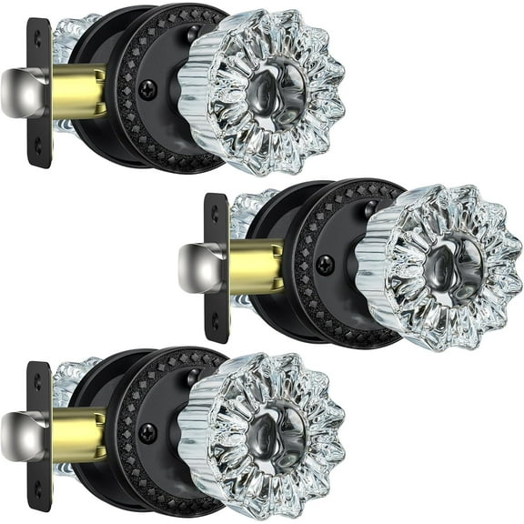 Crystal Glass Door Knobs with Lock - 3 Packs, Antique Style Privacy Interior Door Knobs for Bathroom/Bedroom, Vintage Matte Black Interior Glass Door Handles, Plum Flower Design