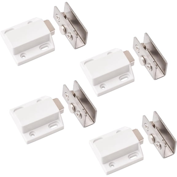 Glass Door Magnetic Catch Latch Closures, 4Set Push Open Adjustable Frameless Single Glass Door Magnetic Touch Latchs with Cabinet Clamp, Fit for 5-8mm Free-Swinging Glass Door (White)