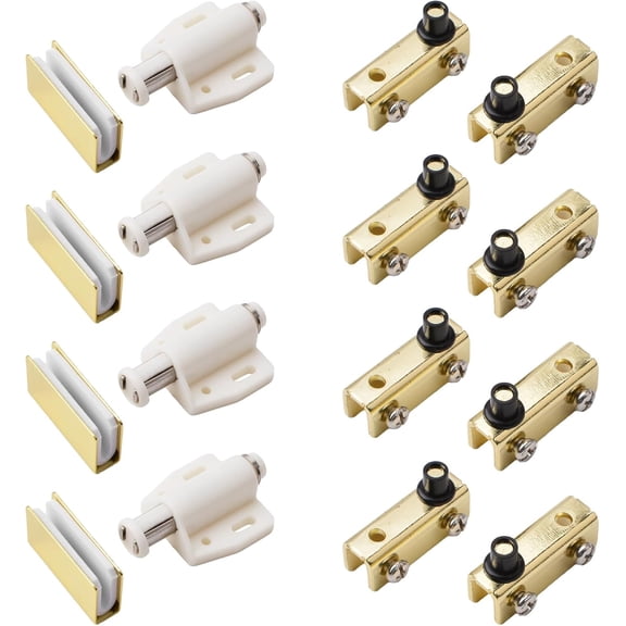 Glass Door Magnetic Catch Latch Closures Kit, 4Kits Push Open Single Glass Door Magnetic Touch Latchs with Adjustable Door Pivot Hinge, Fit for 3-6mm Free-Swinging Glass Door (Gold & White)