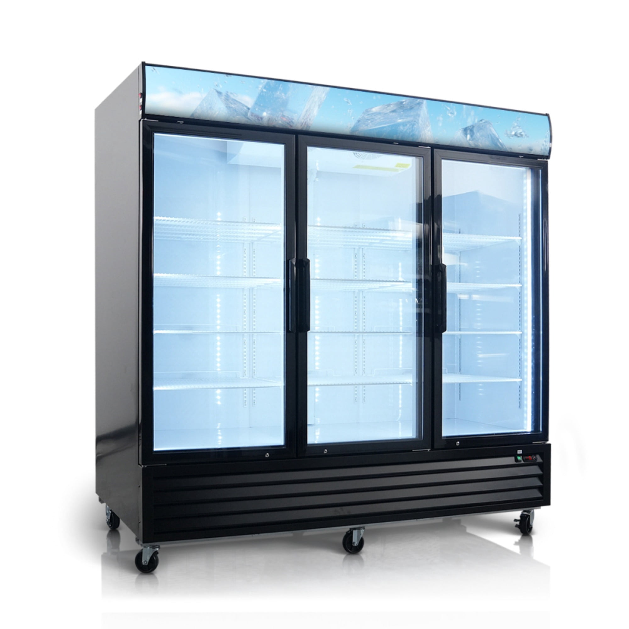 Glass Door Merchandiser Freezer 70 Cu.ft Swing Door Commercial Reach-In Display Freezers with LED Top Panel Upright Freeze Storage