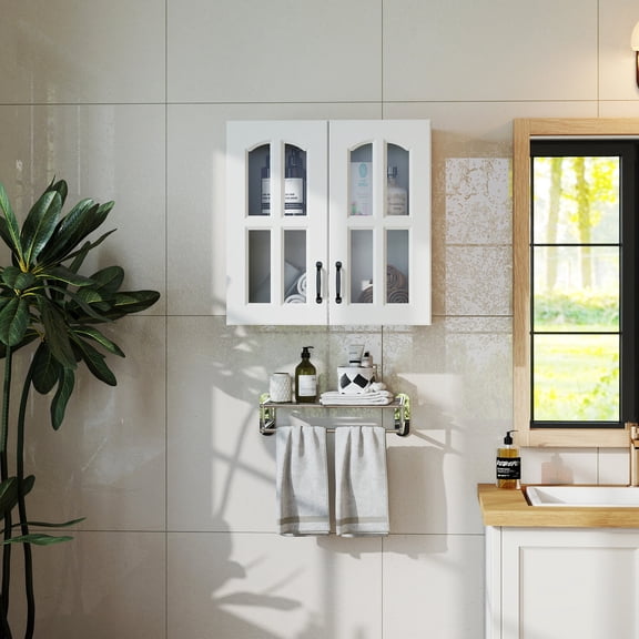 Glass Door Wall Mounted Cabinet, 23.62x12.6x23.62 Inch White Floating Cabinet with Shelves for Kitchen Bathroom Living Room Space Saving Storage