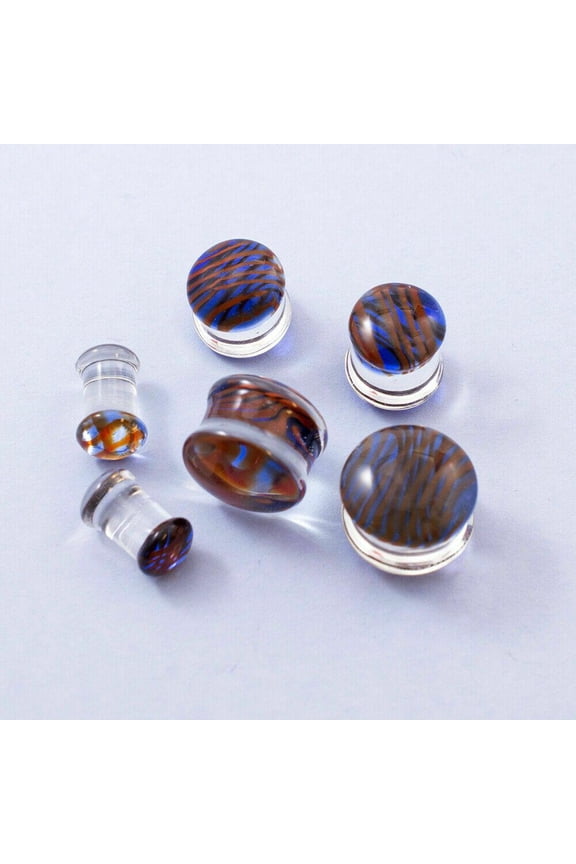 Glass Double Flare Ear Plugs Colorful Blue and Red Stripe 8G-1/2" Pair