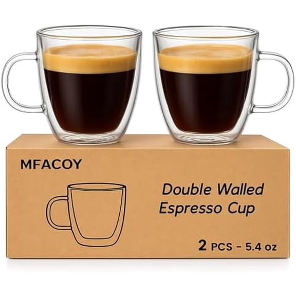 Glass Double Wall Insulated Espresso Cups (Set of 2), 5.4 oz Shots Cup with Handle, Insulated Glasses Mugs, Small Coffee Cups, Shot Glass$$Home Decor, Kitchen, & Other