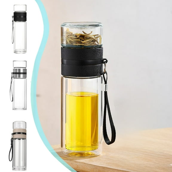 Glass Double Wall Water Bottle with Infuser | Heat Proof Leakproof Tea Separation Tumbler | Portable Thermal Glass Cup for Loose Leaf Tea | Office or Travel Use | 26x7cm | Black Beige Silver