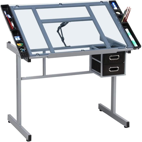 Glass Drafting Table with Storage, Adjustable Art Drawing Desk | Tempered Glass Top Tilts 0-60 for Drawing, Tracing, Diamond Art