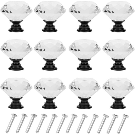 D-buy 12 Pack Drawer Knobs Diamond Shaped Crystal Glass 30mm Cabinet Knobs Pull Handles (Black)