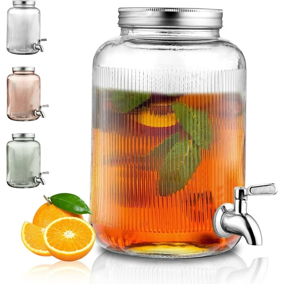 Glass Drink Dispenser for Fridge, 1 Gallon Beverage Dispenser with Leakproof Stainless Steel Spigot, Water, Laundry Detergent, Juice Dispenser for BBQ, Picnic, Parties and Events (Clear)