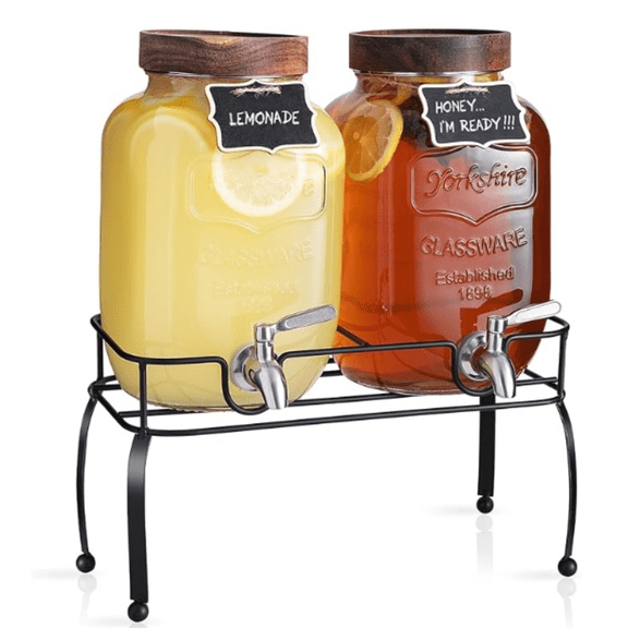 Glass Drink Dispenser for Parties, 1 Gallon Beverage Dispenser with Stand and Spigot Solid Stainless Steel, Used as Lemonade Dispenser Sun Tea Jar Kombucha Jar, Set of 2