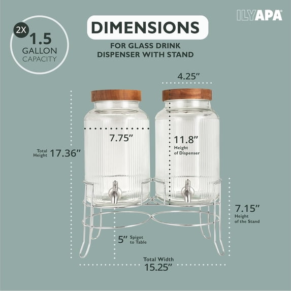 Glass Drink Dispensers for Parties with Stand - 2 Pack, 1.5 Gallon for Ice Water, Lemonade, Juice, Sangria, & Punch Tower Cookout Essentials