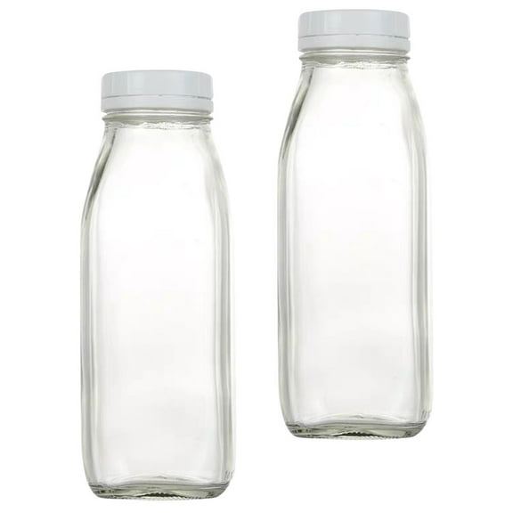 Glass Drinking Bottles 16 Oz Jars 2 Pcs Drinks Juice Water Clear Milk with Lids for Fridge Travel