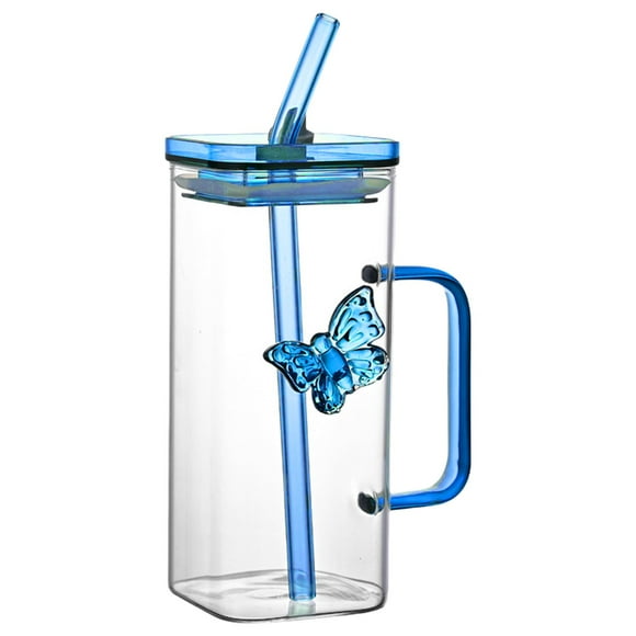 Glass Drinking Cup Square Glass Tumbler with Handle,Square Glass Cup with Lid Straw Wide Mouth Drinking Cup,Clear Coffee Cups with Lids and Straws Portable Water Bottles Milk