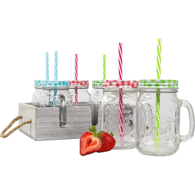 Glass Drinking Mason Jar Cups with Handle & Wooden Carrier with