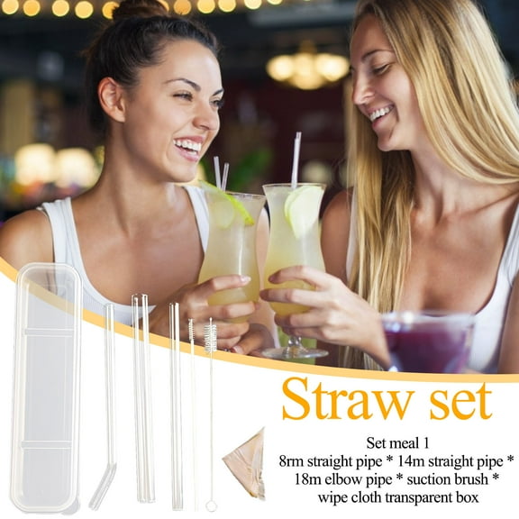 Glass Drinking Straws Set - Borosilicate, Dishwasher , 3-Pack | 8mm Straight, 14mm Straight, 8mm Bent, Cleaning Brushes | High Temp, Rust Proof, 8.5 in
