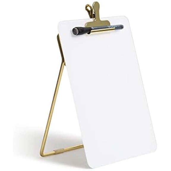 Glass Dry-Erase Desktop Easel, Tempered Glass, Gold Metal Stand, Removable Clip