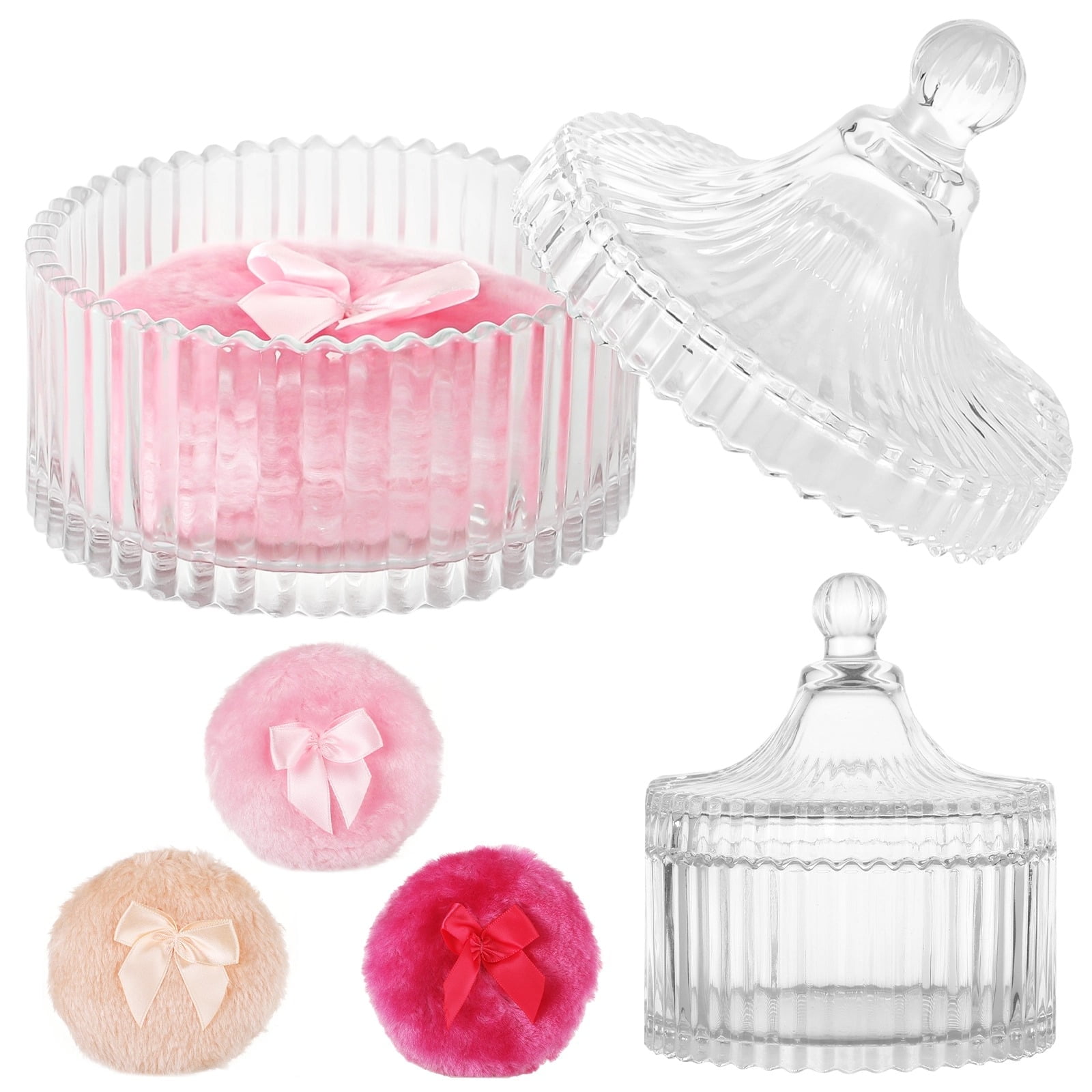 Glass Dusting Powder Container Set, Powder Container with 3 Large Body Powder Puffs, Crystal Glass Jar with Lid & Decorative Ribbon Bow Puffs, Washable Powder Makeup Tools - Walmart.com