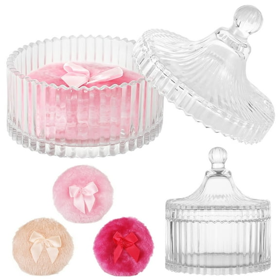 Glass Dusting Powder Container Set, Powder Container with 3 Large Body Powder Puffs, Crystal Glass Jar with Lid & Decorative Ribbon Bow Puffs, Washable Powder Makeup Tools