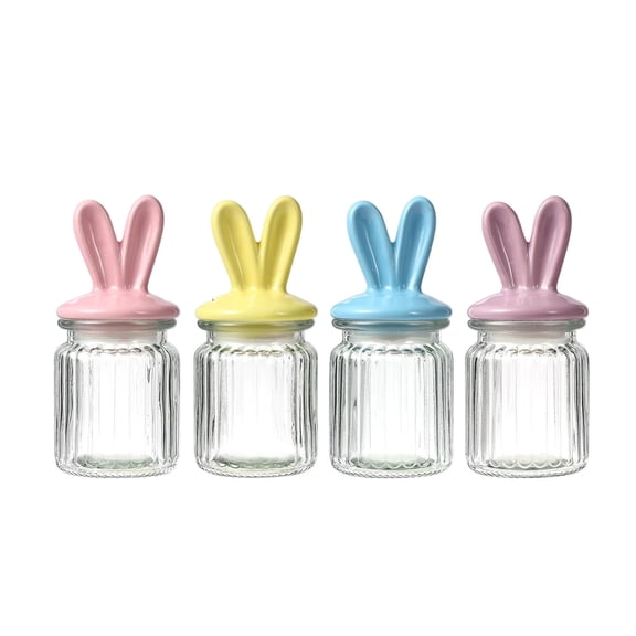 Glass Easter Candy Jars with Bunny Ear Lids, 4Pcs Sealing Bunny Jars in Pastel Colors for Storage, Mini Eggs, Cookies, Tray, Table Centerpiece, Kitchen, Home Spring Decor