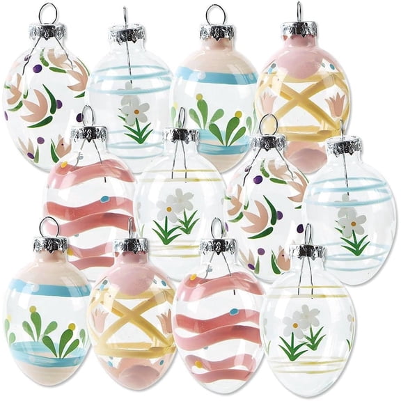 Glass Easter Egg Ornaments - Set of 12,Hand Painted Pastel Easter Egg Decor,Easter Hanging Ornaments ,Spring Mini Tree Decorations, Outdoor & Indoor Use,1.5 " x 2 "