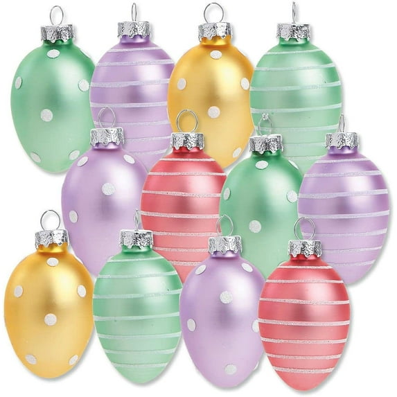 Glass Easter Egg Ornaments - Set of 12,Hand Painted Pastel Easter Egg Decor,Easter Hanging Ornaments ,Spring Mini Tree Decorations, Outdoor & Indoor Use,1.5 " x 2 "