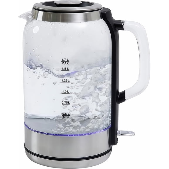 Glass Electric Kettle with LED Light, 1.7L Capacity, 1500W Rapid Heating, Boil-Dry Protection, Auto Shut Off, Stainless Steel Trim, Borosilicate Glass Electric Kettle