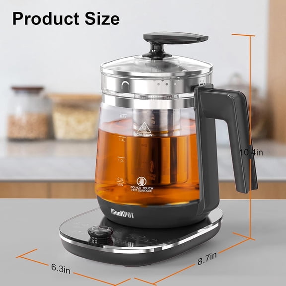 Glass Electric Kettle with Tea Infuser  1.5L Stainless Steel, 1200W Rapid Boil, Temp & Programmable Control for Teas/Coffee  Black