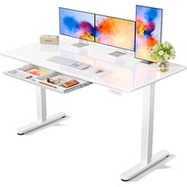 CHITOOMA Glass Electric Standing Desk with Drawer, 55 x 28 Inches Height-Adjustable Desk, One-Piece Tempered Glass Top, Ergonomic Home Office Sit Stand Desk with 4 Preset Heights, White