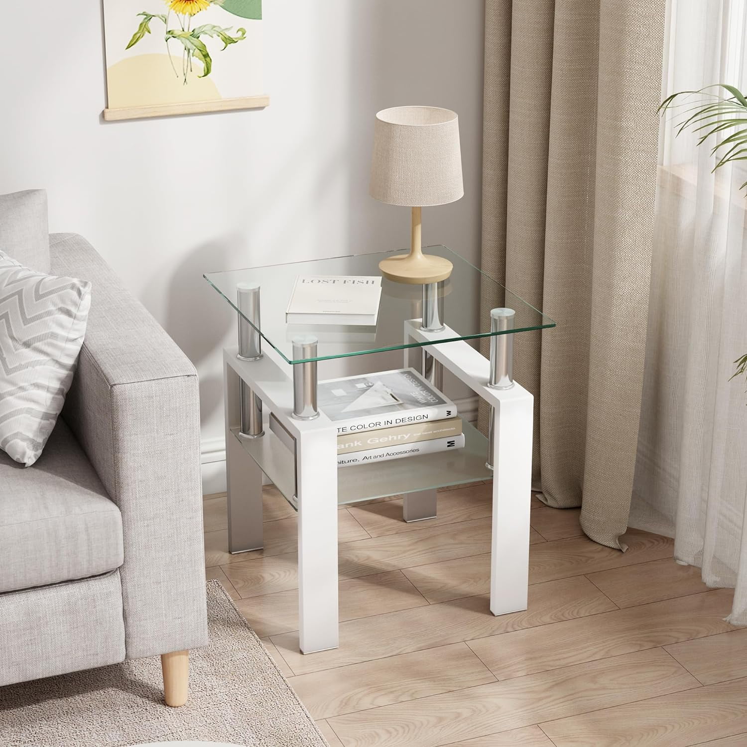 Glass End Table, 2Tier Square Side Table Bedside Table with Metal — free download