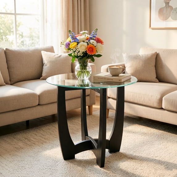 Glass End Table, 23.5" Round Side Tables with Black Tempered Glass Top Cross and Solid Wood Base Small Night Stand for Living Room Office Apartment Black