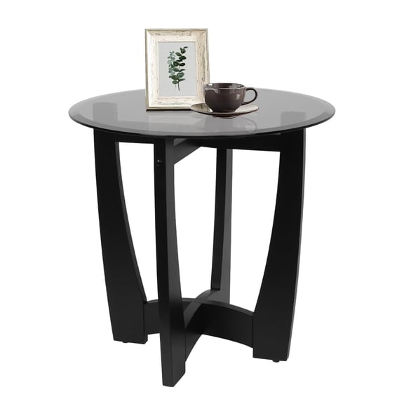 Glass End Table, 23.5" Round Side Tables with Black Tempered Glass Top Cross and Solid Wood Base Small Night Stand for Living Room Office Apartment Black