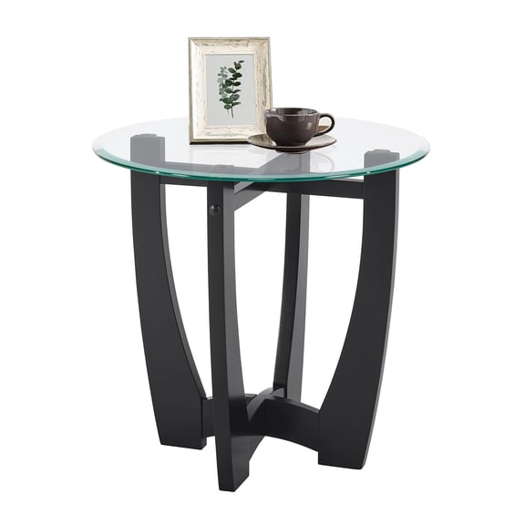 Glass End Table, 23.5" Round Side Tables with Tempered Glass Top Cross and Solid Wood Base Small Night Stand for Living Room Office Apartment Black