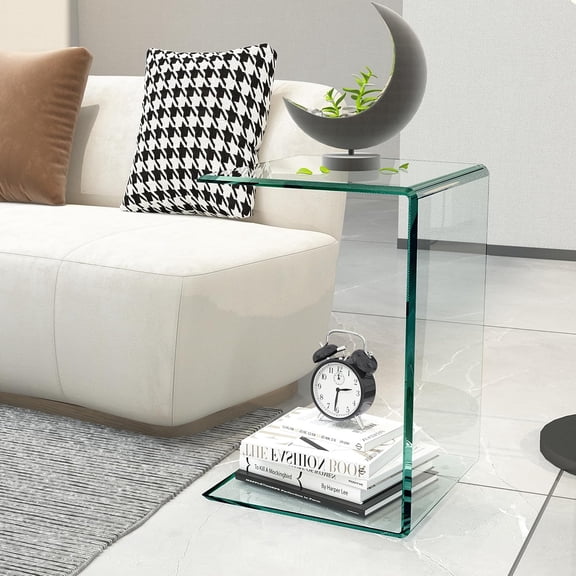 Glass End Table C Shaped Side Table Clear Tempered Glass Snack Table Modern Nightstand Bedside Table for Living Room, Bedroom, Office, Bathroom (C Shaped)