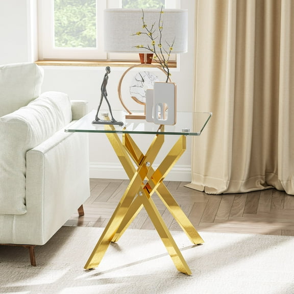 Glass End Table, Modern Square Side Table with Tempered Glass Top and Gold Metal Legs, Living Room Clear Sofa Tables for Small Space, Living Room, Bedroom, Office, Apartment