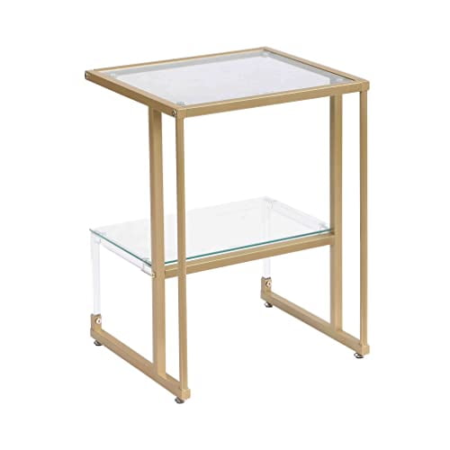 Glass End Table Mordern Golden Side Table for Living Room Acrylic Tempered Glass Sofa Tables Transparent Small 2-Tier Bedroom Corner Coffee Table