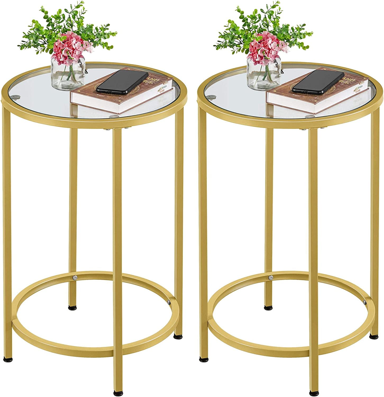 Glass End Table Set of 2, Round Side Tables, Small Accent Table Nightstand Set w/Glass Top