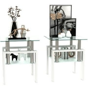 Glass End Tables Living Room Set of 2, Small Glass Table, White Side Table with Tempered Glass Top, Metal Frame, for Living Room Bedroom White, 2Pcs End Tables