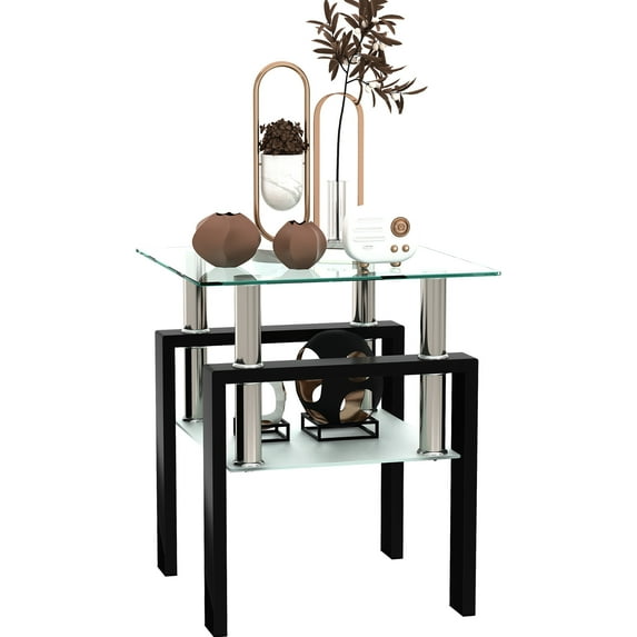 Glass End Tables, Small Glass Top End Table, Black Side Table, Square Shape, Tempered Glass Top, Metal Frame, for Living Room Bedroom (Black, 1Pcs End Table)