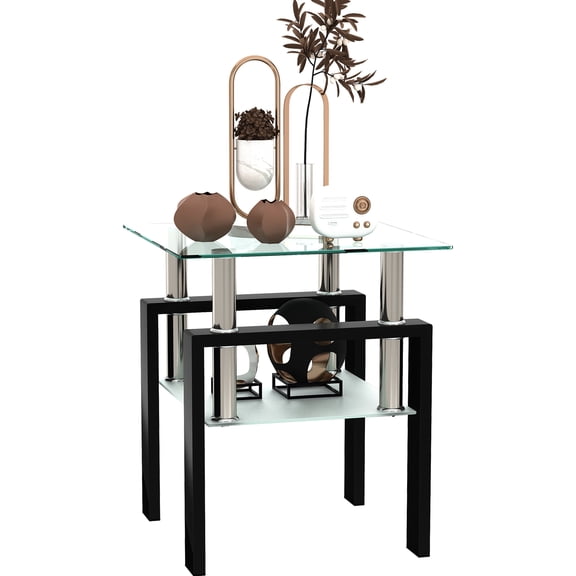 Glass End Tables, Small Glass Top End Table, Black Side Table, Square Shape, Tempered Glass Top, Metal Frame, for Living Room Bedroom (Black, 1Pcs End Table)