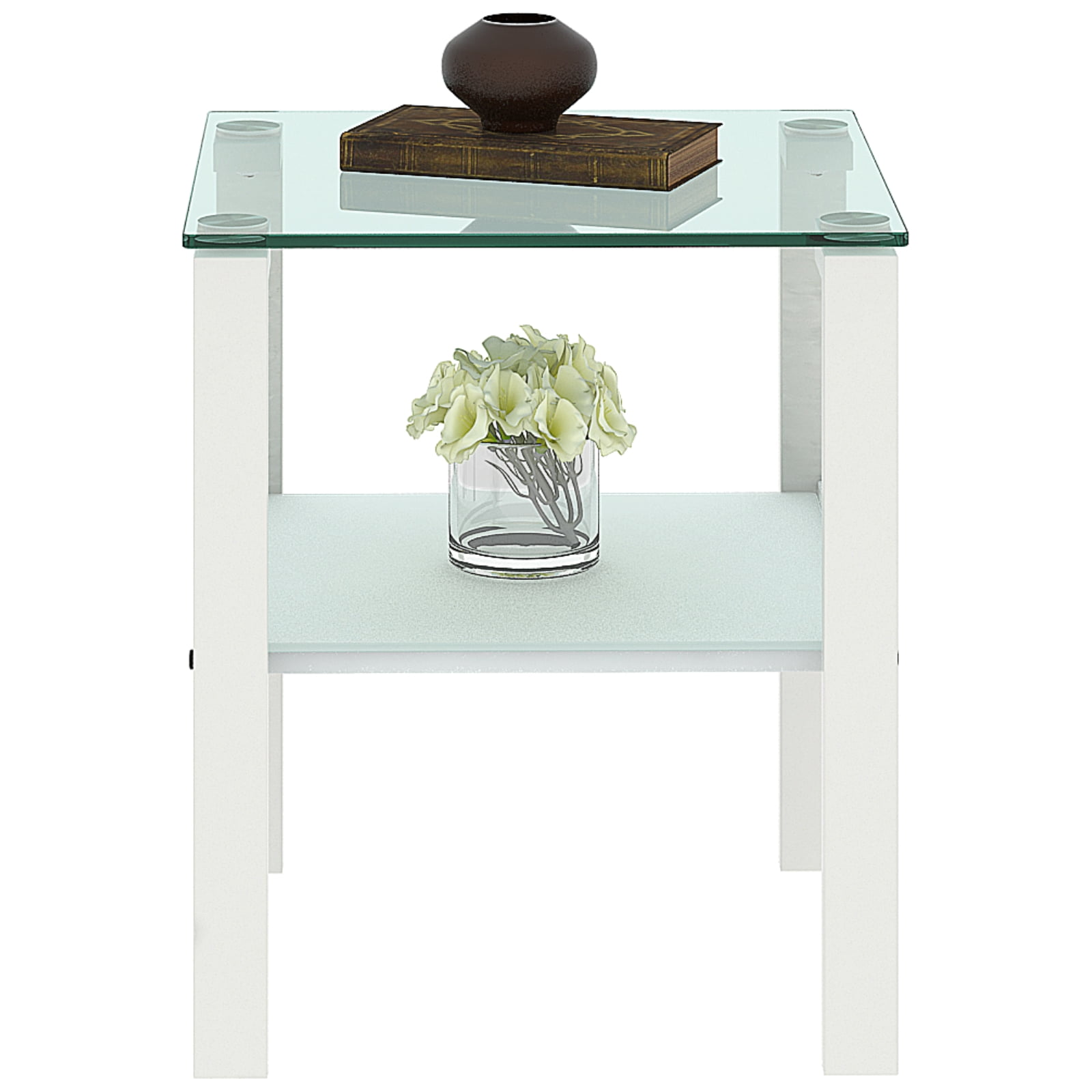 Glass End Tables, Small Glass Top End Table, White Side Table, Square Shape, Tempered Glass Top, Metal Frame, for Living Room Bedroom (White, End Table)
